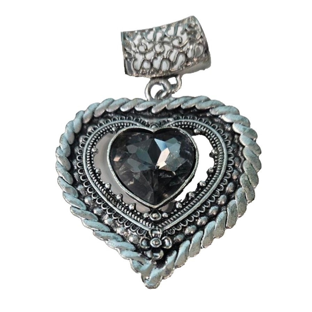 Brighton Vintage Style Large Silver Tone Heart Pendant Black Stone Whimsigoth